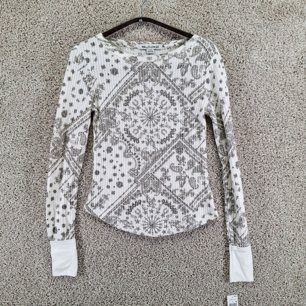 Wallflower Knit Top Womens Small White Bandana Print Thermal Waffle Western